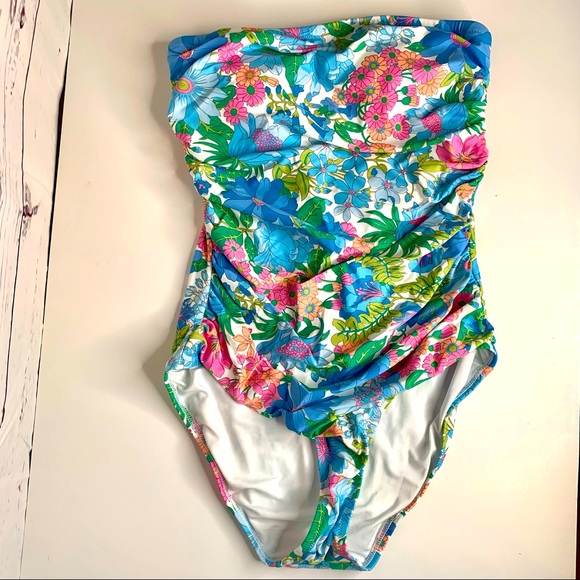J. Crew Other - J. Crew | Floral Bandeau Strapless Ruched One Piece Swimsuit